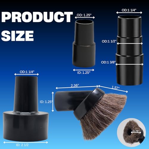 Universal Shop Vac Brush Attachment Kit – 2-1/2'' Round Dust Brush & 1-1/4'' Horse Hair Vacuum Brush with 2-1/2'' & 1-7/8'' to 1-1/4'' Vacuum Hose Adapters for Wet/Dry Vacuums