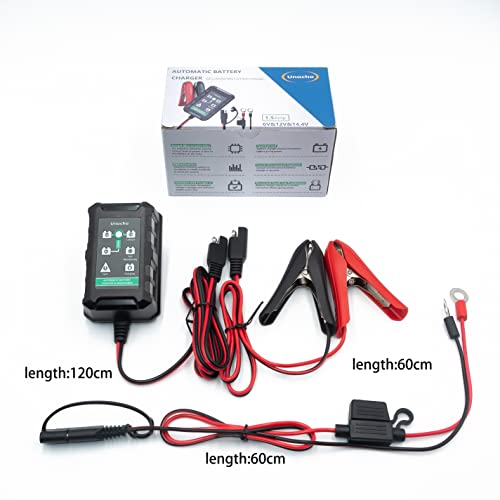 Unocho 1.5A Smart Battery Charger Maintainer for 6V 12V Lead Acid and 14.4V LiFePO4 Batteries, Automatic Trickle Float Charger with SAE Clips for Car Motorcycle Lawn Mower Boat