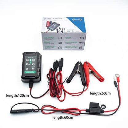 Unocho 1.5A Smart Battery Charger Maintainer for 6V 12V Lead Acid and 14.4V LiFePO4 Batteries, Automatic Trickle Float Charger with SAE Clips for Car Motorcycle Lawn Mower Boat