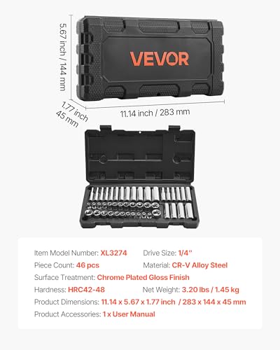 VEVOR Socket Set, 46 Pieces, 1/4 inch Drive Socket Tool Set, SAE and Metric Size, Deep and Standard, Mechanic Tool Kit with Storage Case, Chrome Plated CR-V Alloy Steel, for Automotive Repair - size: 1/4", style: 46 PCS