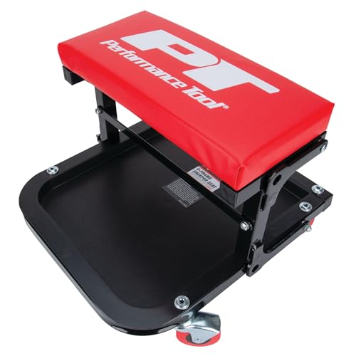Performance Tool W85021 Folding C-Frame Creeper Rolling Work Seat with Tool Tray for Mechanic Garages and Workshops, Black/Red, 12.5-inch Height - style: C-Frame Seat (Folding)