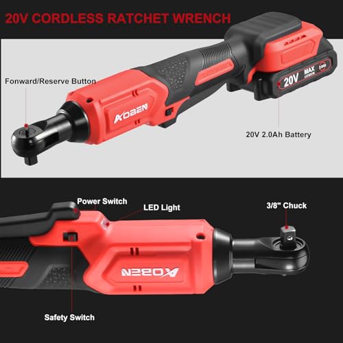 AOBEN 20V 3/8" Cordless Ratchet Wrench Kit, 60 Ft-lbs Brushless Electric Power Ratchet with Variable Speed, 2X2000mAh Lithium-Ion Battery, Charger, 8 Deep Sockets, 1/4" Adaptors, 6" Extension Bar - style: AB733-2D