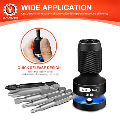 BLACKROBOT 2PCS Quick Release Impact Bit Holders 1/2-Inch Square Drive to 1/4-Inch Hex Socket Adapter, CR-MO Steel, Blue - size: 1/2 Impact Bit Holder-2