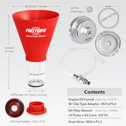 FIRSTINFO 64.5mm Oil Filter Wrench, Engine Oil Funnel, Oil Drain Hose | for Toyota & Lexus, Easy Oil Change Tool, F3545TN - style: Drain Tool Set + Funnel