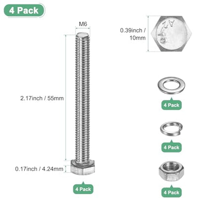 M METERXITY 4-Pack Hex Head Screw Bolt with Nuts Flat & Lock Washers M6x55mm Stainless Steel Bolts and Nuts Kit Fully Threaded Metric Bolt Assortment for Equipment/Machinery - size: M6 x 55mm
