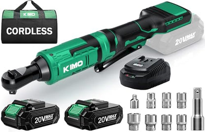 KIMO 20V Cordless Ratchet Wrench 1/2" Set, 74 Ft-lbs 400 RPM Electric Ratchet Wrench, Battery Powered Ratchet with 7 Sockets, 3" Extension Bar, 3/8" Adapter, 2-Pack Lithium-Ion Batteries, Fast Charger