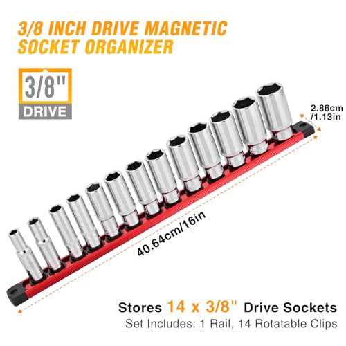 GOOACC Magnetic Socket Organizer 3/8 Inch Socket Holder with 14 360° Swivel Clips Heavy Duty Aluminum Socket Rail Organizer for Tool Box Drawer, Red 1 Piece 3/8" Drive Magnetic Socket Rails Holders - size: Rail Magnetic 1PC 3/8" Red