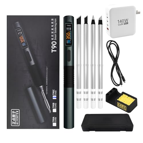 T90 Smart Soldering Iron 140W PD3.0 QC Fast Heating Digital Soldering Pen with LCD Display, Portable USB‑C Soldering Tool for Electronics Repair, DIY, PCB Soldering (T90C soldering iron Set)