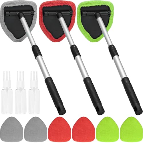 Beieverluck 3 Pieces Windshield Cleaning Tool Inside Car Window Cleaner Cleaning Tool with Extendable Handle, 9 Microfiber Pads and 3 Spray Bottles Car Auto Glass Wiper Kit