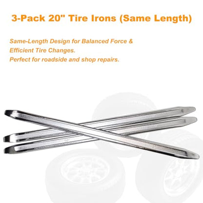 3-Piece 20-Inch Tire Iron Spoon Set - Heavy-Duty Steel Tire Pry Bar Kit, Bead Lifting Tool for Motorcycle, Car, and Vehicle Tire Maintenance - size: 20 inch