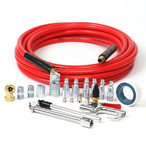 20-Pc 3/8" x 25ft PVC Air Hose Kit, Air Compressor Accessories with 300 PSI Work Pressure, Air Blow Gun, Tire Chucks and 1/4" NPT Plugs