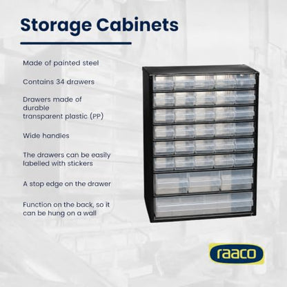 Raaco Steel Storage Cabinet, Standard 34-Drawer (C9-34) - Nuts & Bolts | Clear Polypropylene Plastic Drawer, Small Parts Organizer, Screws, Nuts & Bolts, Crafts & Hardware - For workshop and garage - size: Standard-34D, style: Steel Cabinets