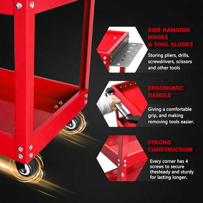 YATOINTO 3-Tier Rolling Tool Cart, Metal Rolling Cart with Side Hooks Wheels, 330LBS Heavy Duty Utility Carts, Handle Rolling Mechanic Tool Cart Storage Organizer for Warehouse Garage