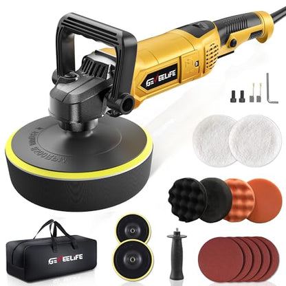 GEVEELIFE Buffer Polisher, 6 Inch/7 Inch 1600W Rotary Car Buffer Polisher Waxer, 7 Variable Speed 1000-3500 RPM, Detachable Handle for Car, Boat Sanding, Polishing, Waxing(Yellow) - color: Yellow