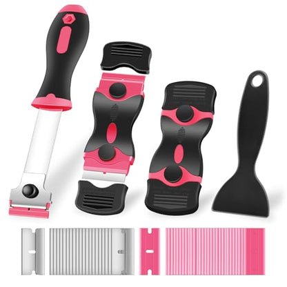 NECAMOCU 4 Pack Razor Blade Scraper, Includes 50 PCS Metal & Plastic Blades | Premium Razor Scraper Tool for Glass, Window, Cooktop, Countertop Cleaning & Sticker, Decal, Paint Removal (Pink) - color: Pink