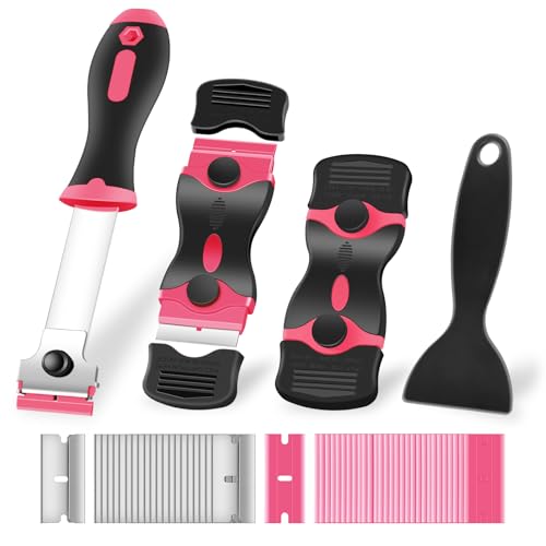 NECAMOCU 4 Pack Razor Blade Scraper, Includes 50 PCS Metal & Plastic Blades | Premium Razor Scraper Tool for Glass, Window, Cooktop, Countertop Cleaning & Sticker, Decal, Paint Removal (Pink) - color: Pink