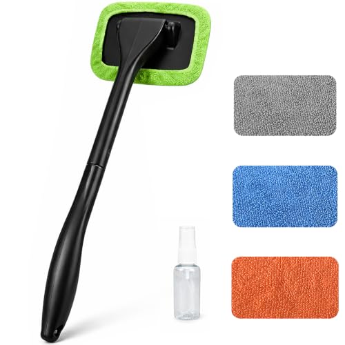 Car Windshield Cleaner Tool, Inside Windshield Cleaning Tool | with 4 Washable and Reusable Microfiber Pads, Auto Wiper Inside Compact Windshield Brush for Car & Home Windows