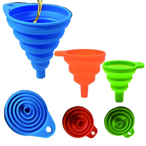 Kitchen Funnel Set 3 Pack,Large,Medium and Small,Kitchen Gadgets Accessories Foldable Silicone Collapsible Food Grade Funnels for Kitchen Use Daily Cooking Filling Bottles Liquid Powder Transfer