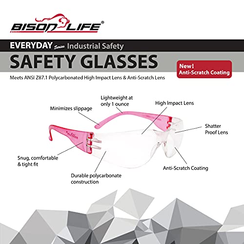 BISON LIFE Clear Safety Glasses – ANSI Z87.1 Certified Scratch & Impact Resistant Eye Protection Goggles for Men & Women - color: Clear/6 Colors