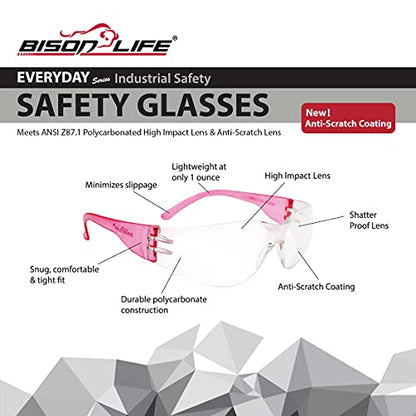 BISON LIFE Clear Safety Glasses – ANSI Z87.1 Certified Scratch & Impact Resistant Eye Protection Goggles for Men & Women - color: Clear/6 Colors