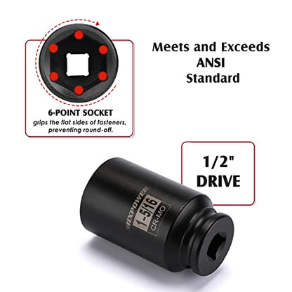 MIXPOWER 8 Pieces 1/2-Inch Drive Deep Impact Socket Set, CR-MO, 6 Point, Deep, SAE, 1-Inch - 1-1/2 inch, 1/2" Drive Axle Nut Socket Set