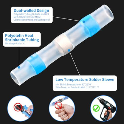 Heat Shrink Solder Seal Wire Connectors Kit - 50PCS Waterproof Butt Connectors for Automotive, Marine, RV & Truck Electrical Wiring Repairs