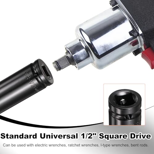 HARFINGTON 3pcs 6-Point Deep Impact Socket 1/2" Drive 26mm Metric Socket 8" (200mm) Extra Long Heat-Treated 45# Steel for Home Auto Spindle Axle Hex Nuts Bolts Repair, Black - size: 26mm + 8" Long