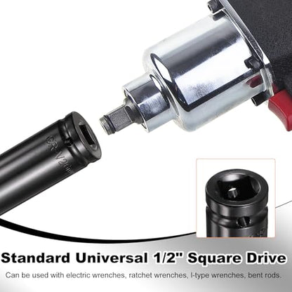 HARFINGTON 3pcs 6-Point Deep Impact Socket 1/2" Drive 26mm Metric Socket 8" (200mm) Extra Long Heat-Treated 45# Steel for Home Auto Spindle Axle Hex Nuts Bolts Repair, Black - size: 26mm + 8" Long