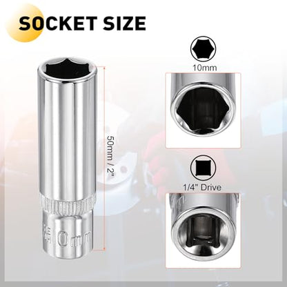 HARFINGTON Deep 6-Point Impact Socket 1/4" Drive 10mm Metric Socket 50mm (2") Long with 1/4" Hex Shank Adapter, CR-V Steel Socket Adapter Accessory Tool Set Kit for Hex Bolts Nuts - size: 10mm x 50mm