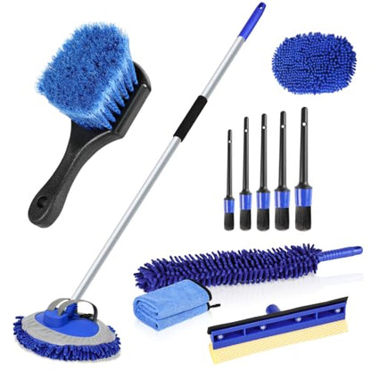 anngrowy 62" Microfiber Car Wash Brush with Long Handle, Car Washing Blue Set Mitt, Sponge, Car Cleaning Supplies Kit, Duster, Car Brush Accessories - color: Blue Set