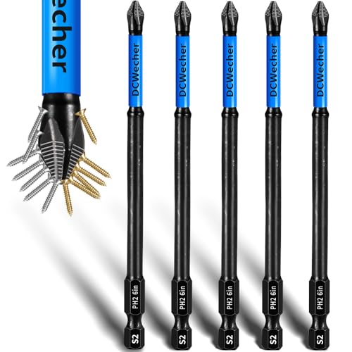 6-Inch Long Phillips Head Drill & Screwdriver Bits 5-Pack, 2 Phillips Bits #2 Impact Magnetic, S2 Alloy Steel, CNC Anti-Slip, 1/4" Hex Shank, Ph2 for Impact Driver, by DCWecher - size: 6 inch 5-pcs PH2