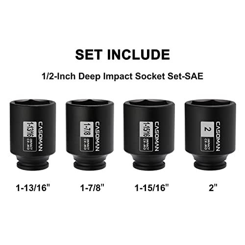 CASOMAN 4 Pieces 1/2" Dr. Deep Impact Socket Set, 1/2-Inch Drive Spindle Axle Nut Impact Socket Set, 1-13/16", 1-7/8", 1-15/16", 2", CR-MO, 6-Point, SAE - size: 4PCS(1-13/16 Inch - 2 Inch), style: Deep