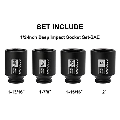 CASOMAN 4 Pieces 1/2" Dr. Deep Impact Socket Set, 1/2-Inch Drive Spindle Axle Nut Impact Socket Set, 1-13/16", 1-7/8", 1-15/16", 2", CR-MO, 6-Point, SAE - size: 4PCS(1-13/16 Inch - 2 Inch), style: Deep