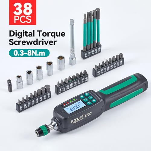 38-Piece Digital Torque Screwdriver Set (0.3-8 Nm) - 1/4" Quick-Release Hex Head, Buzzer/LED Overload Alerts - Screwdriver Kit for Bicycle Mechanic & Home Repair