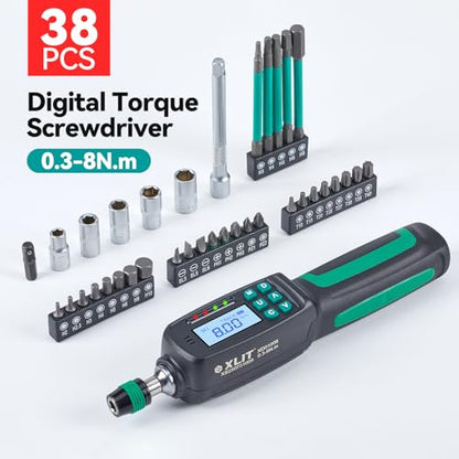 38-Piece Digital Torque Screwdriver Set (0.3-8 Nm) - 1/4" Quick-Release Hex Head, Buzzer/LED Overload Alerts - Screwdriver Kit for Bicycle Mechanic & Home Repair
