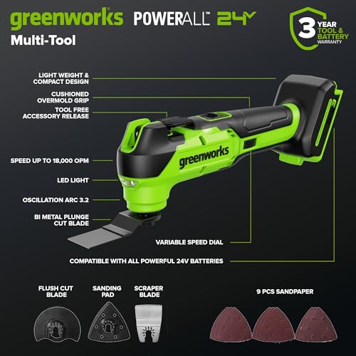 Greenworks 24V Brushless 2PCS Cordless Brushless Power Tool Combo Kit, include 310 in-lbs Drill Driver, 18,000 OPM Multi Tool, 2 x 2Ah Batteries and Charger - size: 2PCS Combo Kits(Drill+Multi-Tool)