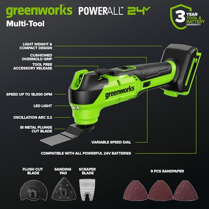 Greenworks 24V Brushless 2PCS Cordless Brushless Power Tool Combo Kit, include 310 in-lbs Drill Driver, 18,000 OPM Multi Tool, 2 x 2Ah Batteries and Charger - size: 2PCS Combo Kits(Drill+Multi-Tool)