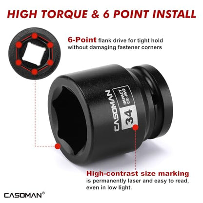CASOMAN 15-Piece 3/4" Drive Shallow Spindle Axle Nut Impact Socket Set, 6-Point, Standard Large Socket Set, Metric (17mm -55mm), CR-MO Steel, with Storage Case