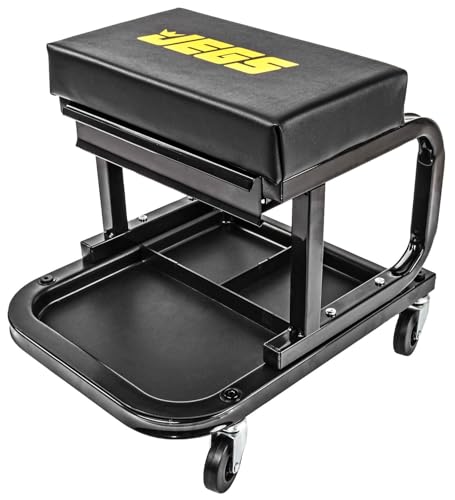 JEGS Creeper and Mechanic Seat Set | Memory Foam Padding | Black Logo | 350 LBS Capacity | 2" Caster Wheels