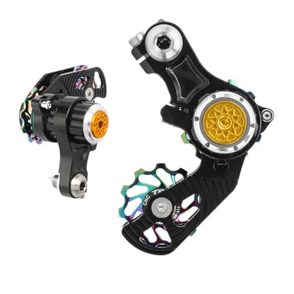 Single Speed Chain Tensioner Kit, CNC Aluminum Adjuster with 11T Pulley | Fits derailleur hanger frames for single speed conversions. 11T pulley with ceramic bearing for MTB, BMX & DJ bikes. - color: Black