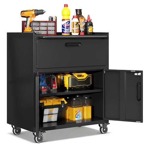 Garage Cabinets,Metal Garage Storage Cabinet with Wheels,Black Lockable Rolling Tool Cabinet with Drawer and Adjustable Shelves,Heavy Duty Tool Chest for Home Office Utility Room - color: Black, size: 1 Drawer & 2 Doors