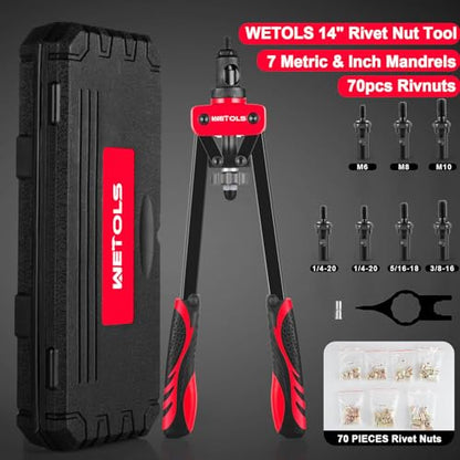 WETOLS Rivet Nut Tool Kit, 14'' Rivnut Tool with 7 Metric and SAE Mandrels | Professional Hand Riveter with 70Pcs Rivnuts Assortment Kit, Manual Rivet Nut Gun with Rugged BMC Case - size: 14" rivet nut tool with 7 mandrels
