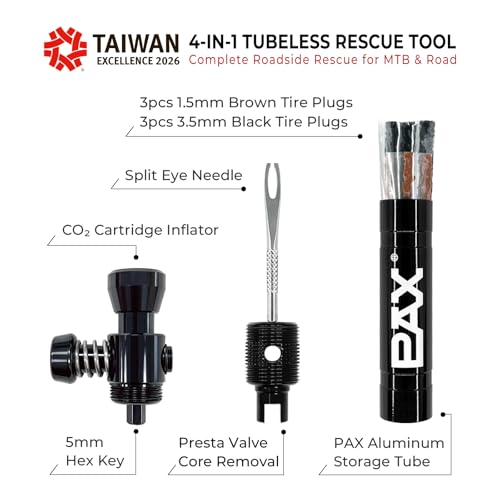 PAX 4-in-1 Tubeless Bike Tire Puncture Repair Kit - Includes CO2 Inflator Head, Presta Valve Core Remover, 5mm Hex Key & Tire Plugger. Lightweight Aluminum for MTB & Road Bicycles