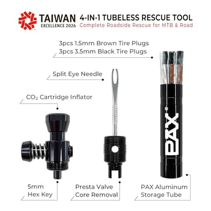 PAX 4-in-1 Tubeless Bike Tire Puncture Repair Kit - Includes CO2 Inflator Head, Presta Valve Core Remover, 5mm Hex Key & Tire Plugger. Lightweight Aluminum for MTB & Road Bicycles