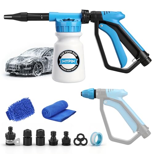 Upgraded Car Wash Foam Gun, Foam Cannon, Adjustable Hose Wash Sprayer with 2.5 to 6 Bars Foam Blaster, NEW Handle, Wash Mitten &Towel, Suitable for Car Cleaning & Garden Use with 1/2” Quick Connector - style: Upgraded Handle Car Wash Foam Gun
