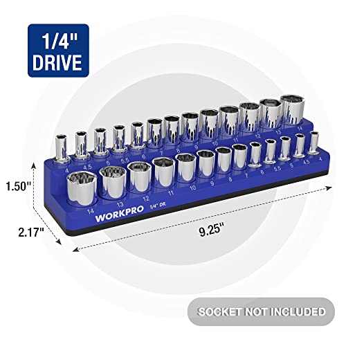 WORKPRO Magnetic Socket Organizer, 1/4-Inch Metric Socket Holder | Hold 26-Piece Sockets, Suitable for Standard and Deep Sockets, Magnetic Base, No Scratches Installation, Socket Not Included - size: 1/4" DR - Metric