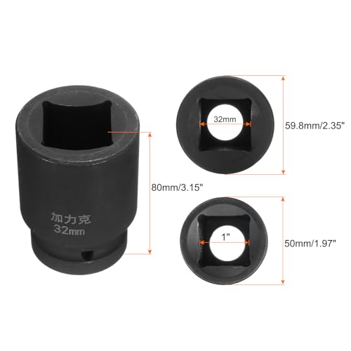 HARFINGTON 4 Point Square Socket 1" Drive by 32mm Metric Square Impact Socket 40CR Blackening Standard Wheel Sockets Pneumatic Socket Tool for Auto Repair Mechanical Maintenance Home Use - size: 32mm