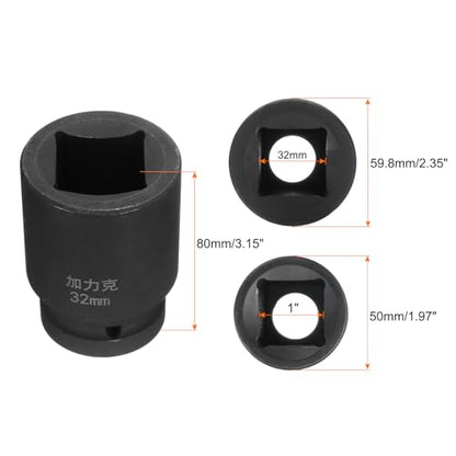 HARFINGTON 4 Point Square Socket 1" Drive by 32mm Metric Square Impact Socket 40CR Blackening Standard Wheel Sockets Pneumatic Socket Tool for Auto Repair Mechanical Maintenance Home Use - size: 32mm