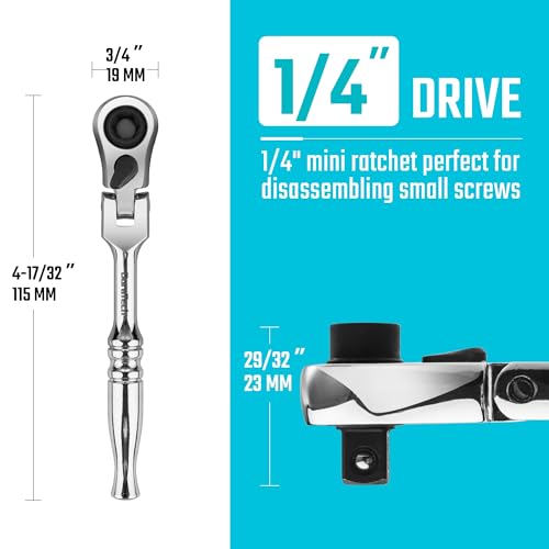 DURATECH 1/4" Drive Ratchet Handle, 2 in 1 Flex Head, Socket & Bit Driver | 72-Tooth, Reversible Switch, Full-Polished, Chrome Plating, Alloy Steel - size: 1pc