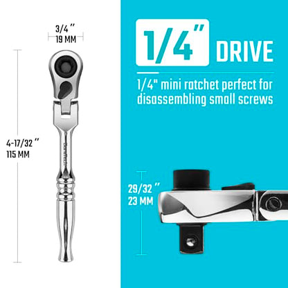 DURATECH 1/4" Drive Ratchet Handle, 2 in 1 Flex Head, Socket & Bit Driver | 72-Tooth, Reversible Switch, Full-Polished, Chrome Plating, Alloy Steel - size: 1pc